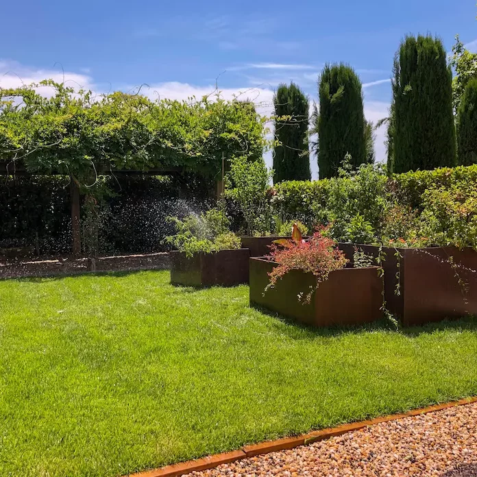 photo d'une pelouse avec des pots de fleurs après les travaux